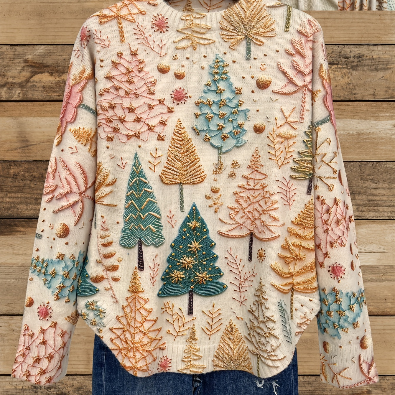 

Pull à Col Rond Motif Sapin de Noël, Pull Décontracté à Manches Longues pour Automne & Hiver, Vêtements pour Femmes, Imprimé Intégral, 3D, Ourlet Rond