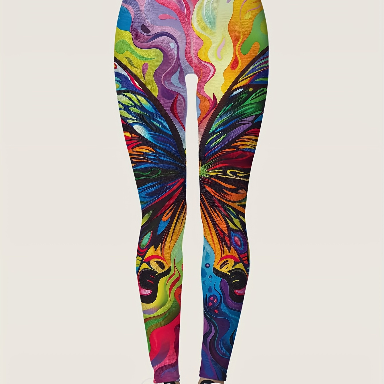 

Women's Vibrant Ombre Butterfly Print Leggings - Soft Polyester Knit Fabric With Elastane, Casual Style Jegging For Spring/summer/fall