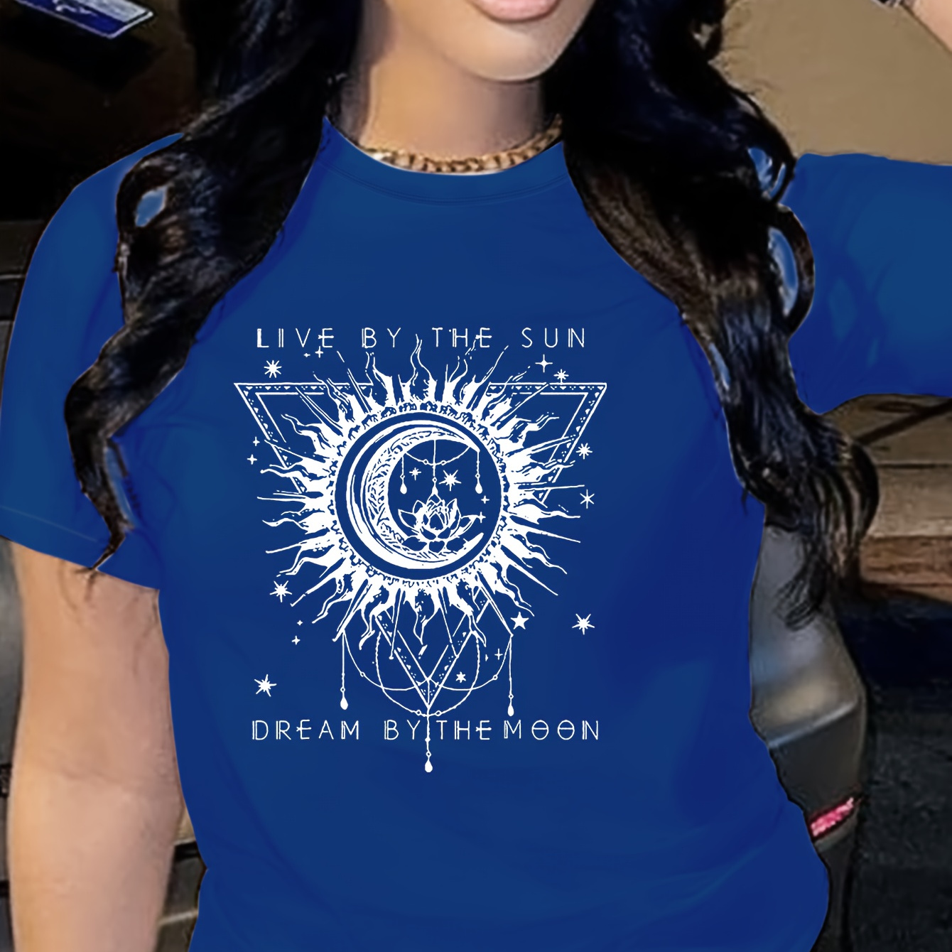 

Moon & Sun Print T-shirt, Short Sleeve Crew Neck Casual Top For Summer & Spring, Women's Clothing