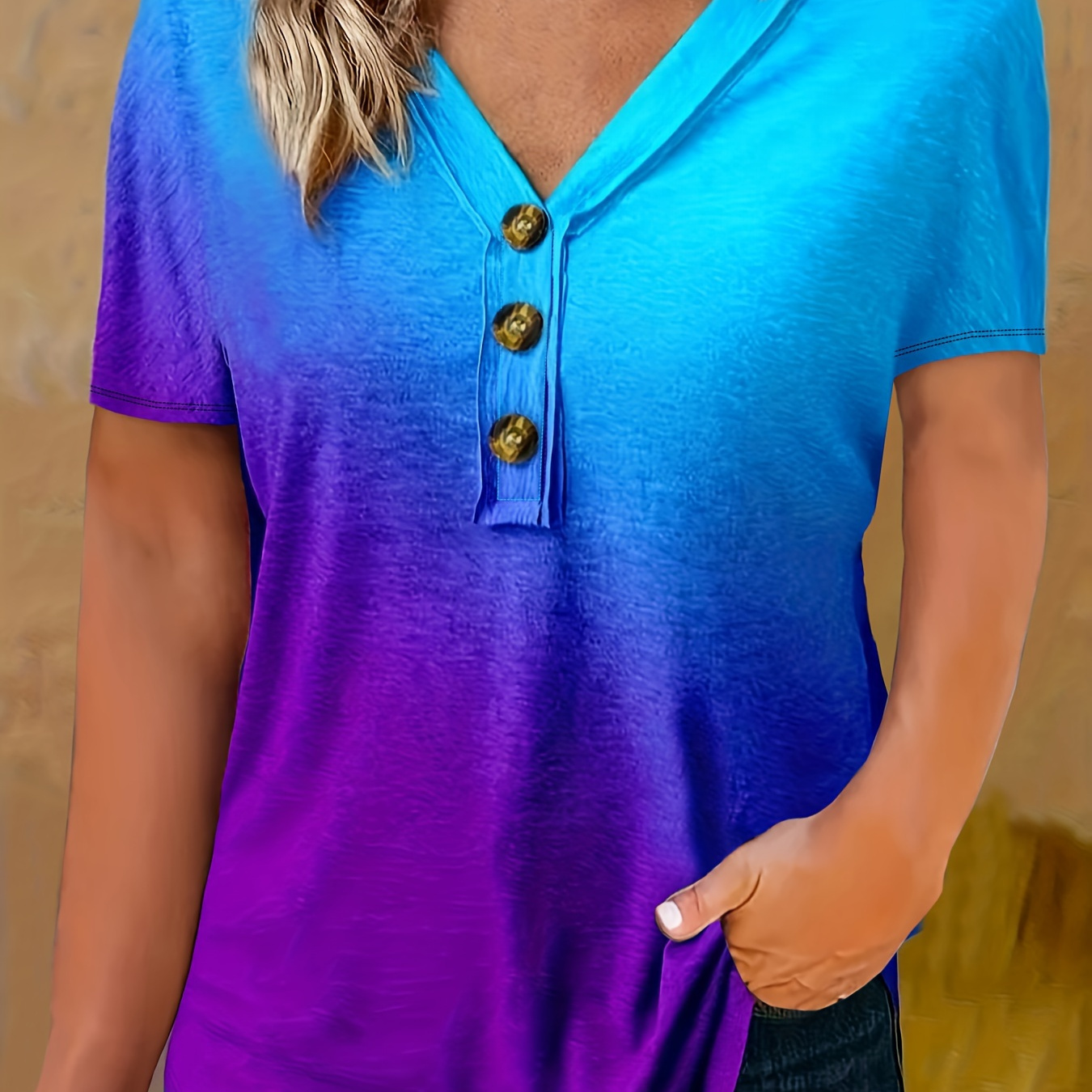 

Plus Size Colorblock V Neck Top, Casual Short Sleeve Top For Summer, Women's Plus Size clothing