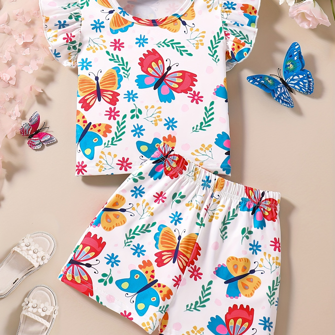 

Cartoon Butterfly Graphic 2pcs Set Girls Flutter Sleeve T-shirt Top + Shorts For Summer Gift