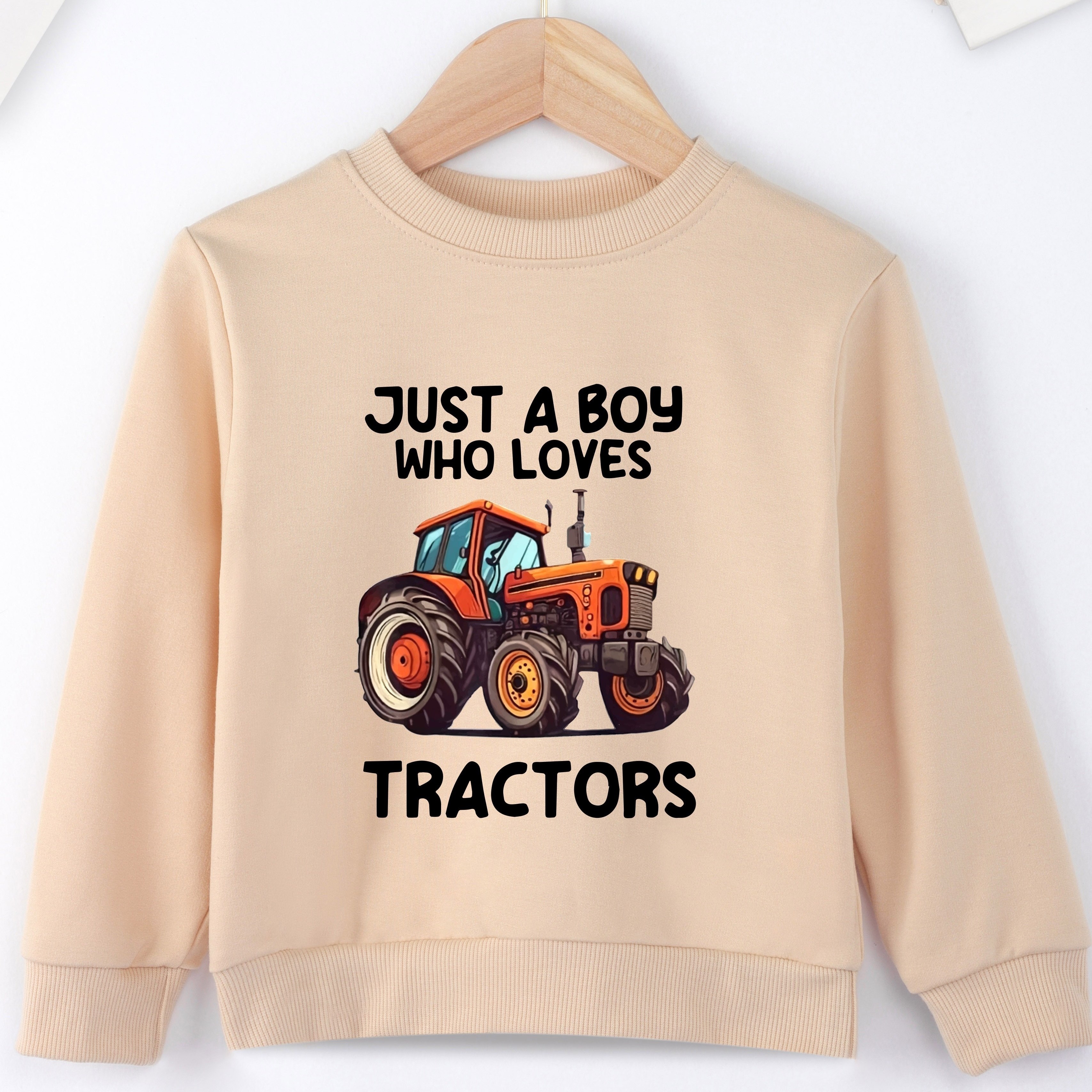 

Stylish Just A Boy Who Loves Tractor Print Boys Casual Creative Pullover Sweatshirt, Long Sleeve Crew Neck Tops, Kids Clothing Outdoor