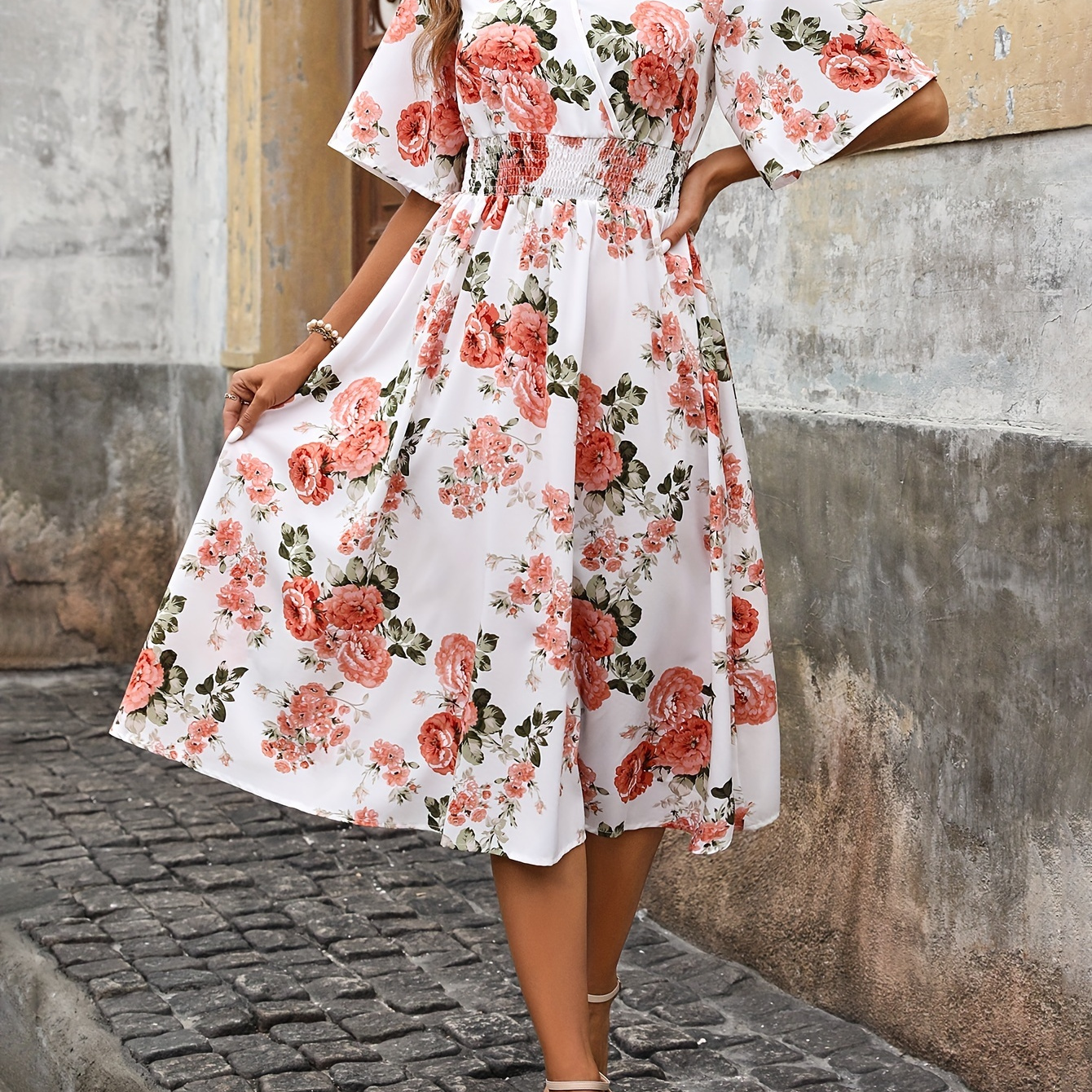 

Floral Print V-neck Shirred Waist Dress, Elegant Sleeve Dress For , Women's Clothing