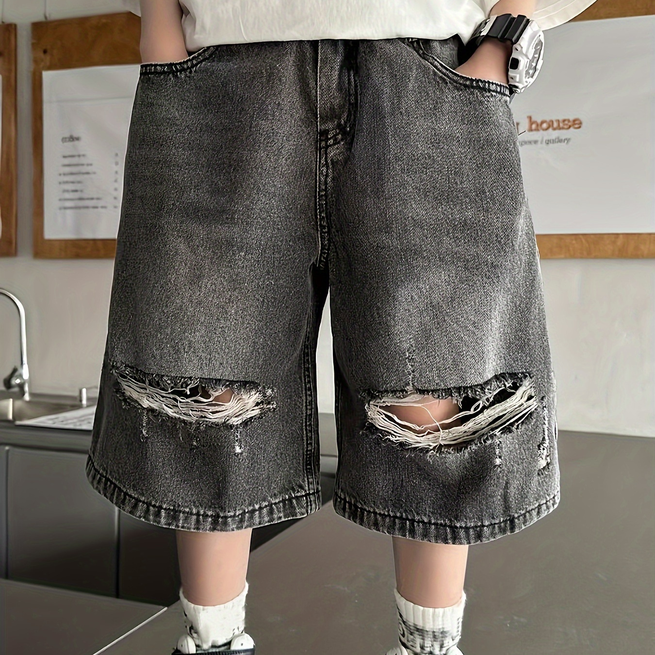 

Boys Summer Distressed Ripped Denim Shorts, Casual Street Style Trendy Jeans For Boys