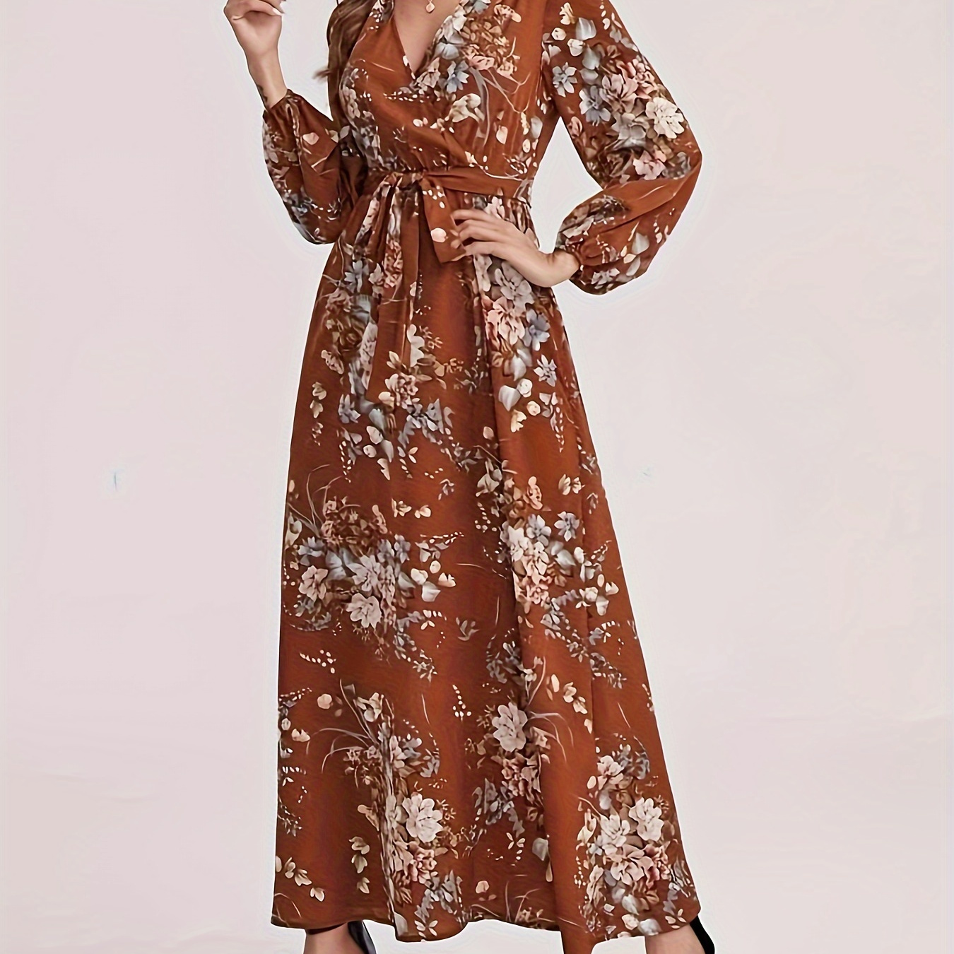 

Elegant Floral Print Long Sleeve Neck Belted Fit And Flare Dress - 100% Polyester Woven Fabric, Stylish Women's Maxi Dress