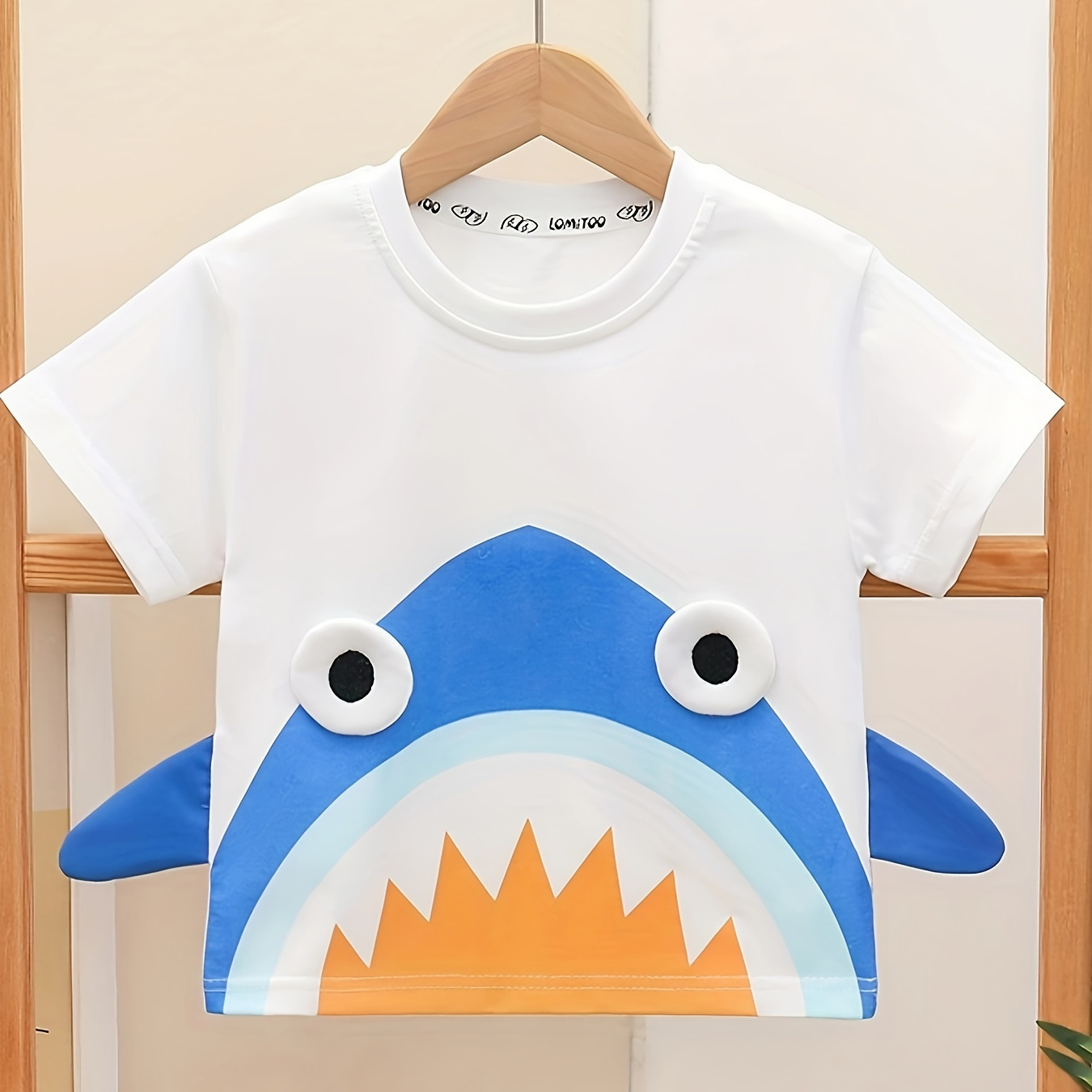

100% Cotton, Cute Cartoon Shark Design Short Sleeve T-shirt Tops For Girls Summer