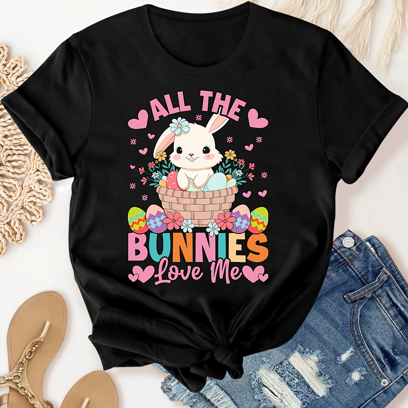 

Women's Cute Cartoon Bunny Easter T-shirt - Comfy Polyester , Short Sleeve, Round Neck - Fitness & Casual Wear