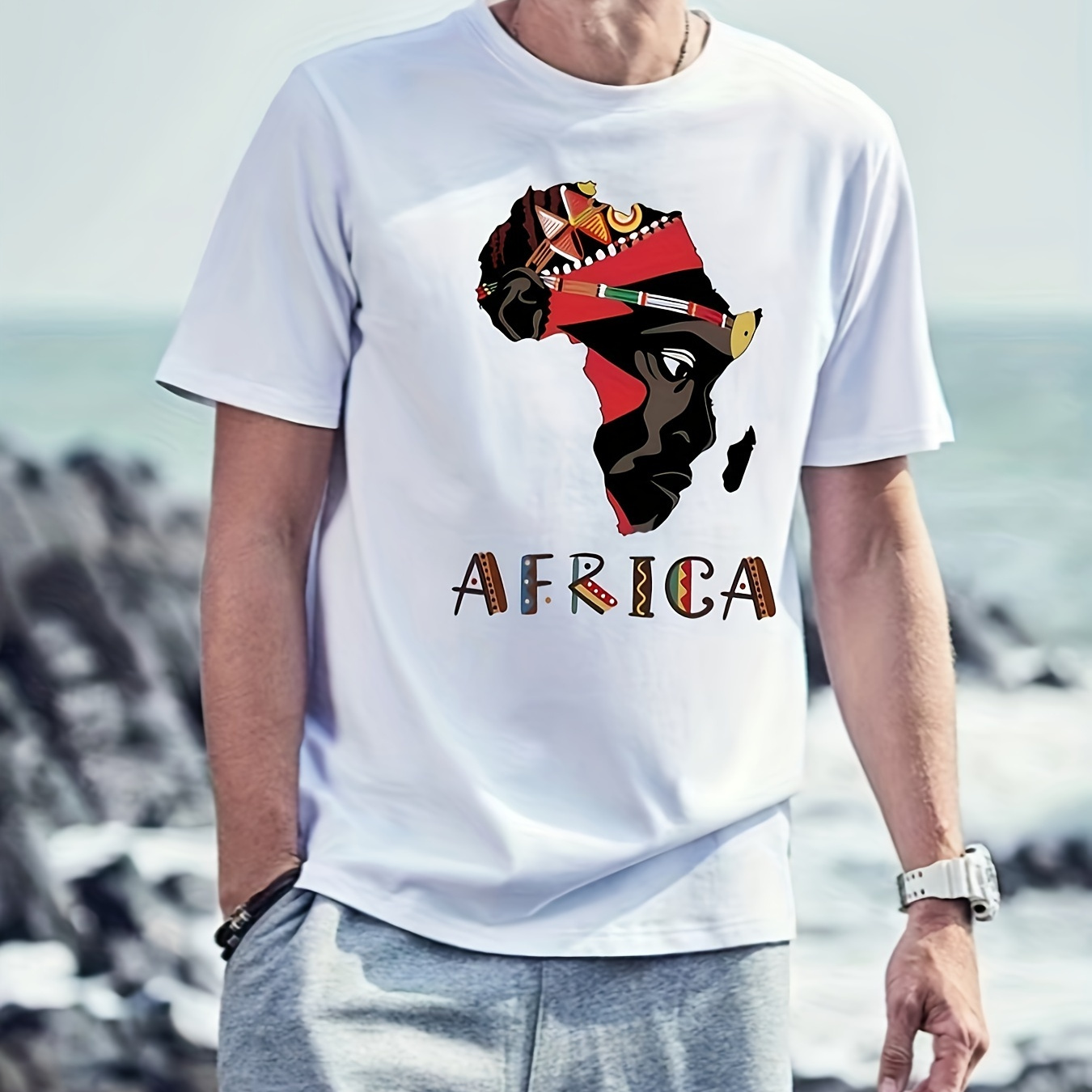 

Africa Print Men's Crew Neck Fashionable Short Sleeve Sports T-shirt, Comfortable And Versatile, For Summer And Spring, Athletic Style, Comfort Fit T-shirt, As Gifts