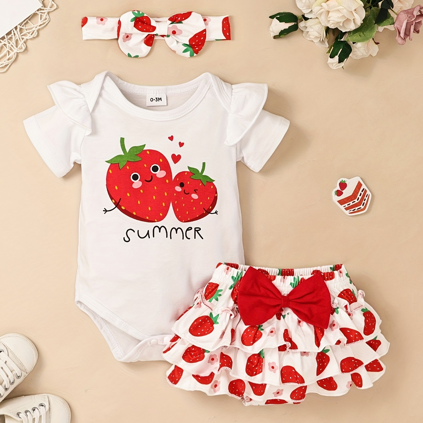 

2pcs Baby Girl Clothes Infant Cotton Outfits - Strawberry Graphic Cute Romper + Cute Bow Shorts + Headband - Newborn Summer Clothing Set