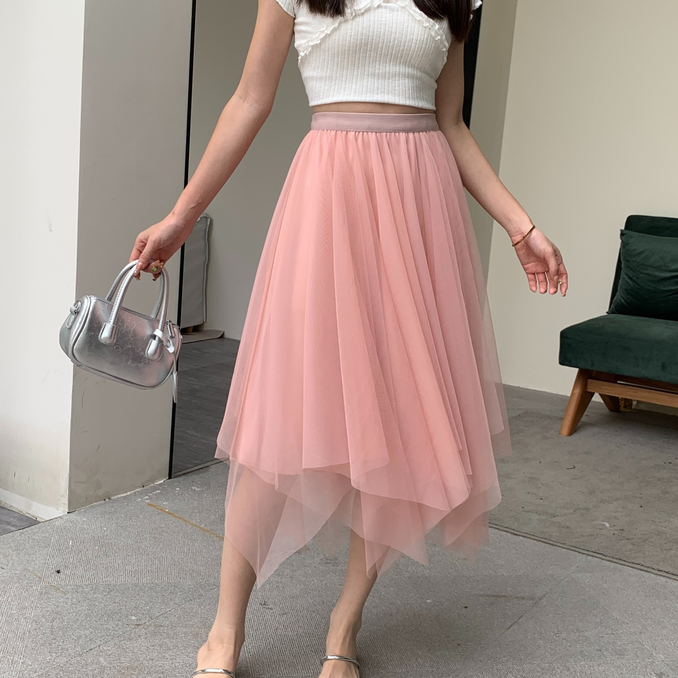

Solid Elastic Waist Tulle Skirt, Casual A-line Asymmetric Hem Skirt For Spring & Summer, Women's Clothing