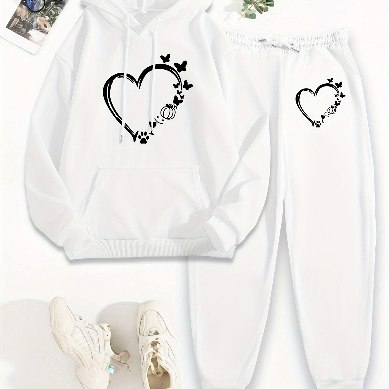 

Women's Casual Heart Print Hoodie & Pants Set - Long Sleeve, Polyester , Machine Washable - Fall/winter