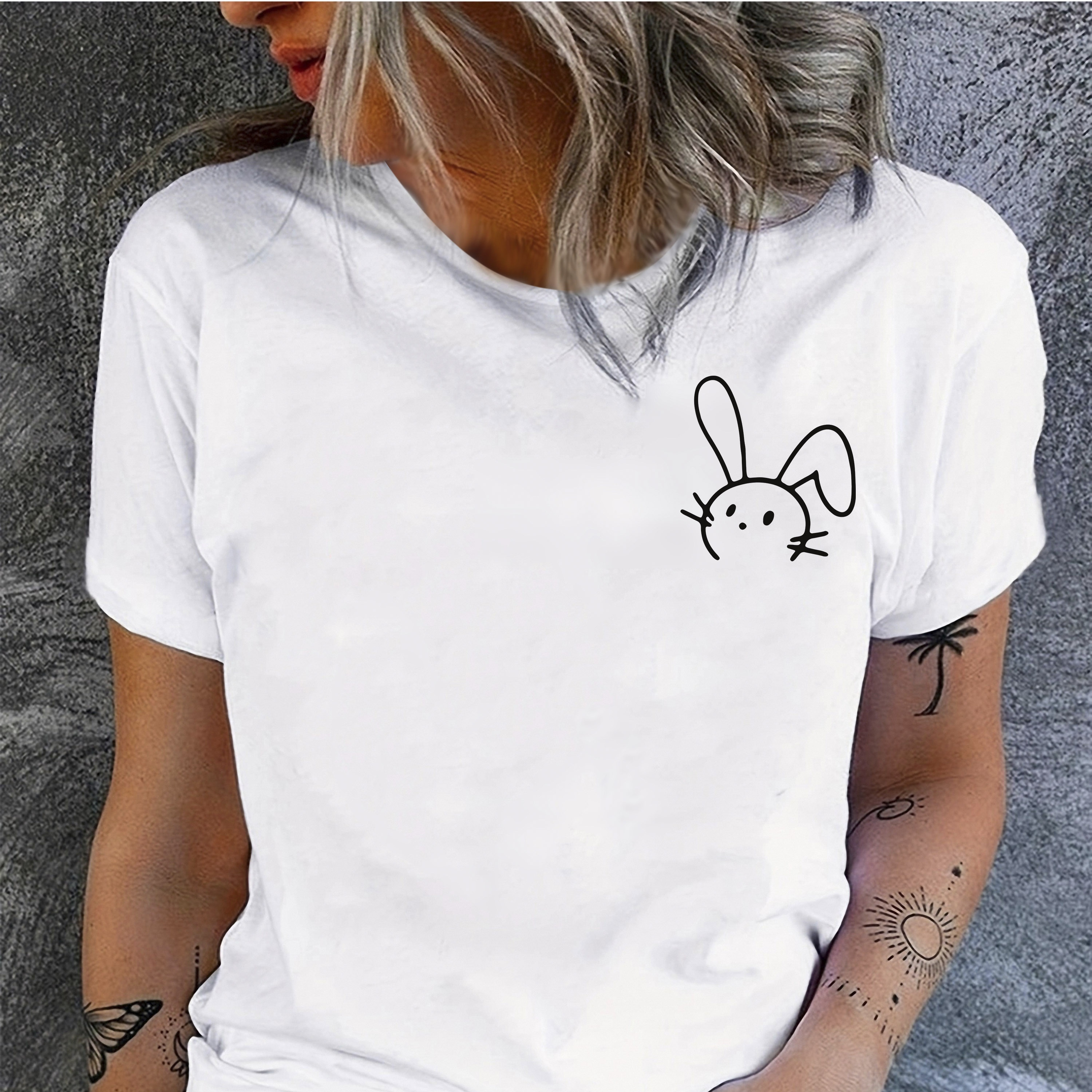 

Cartoon Rabbit Print T-shirt, Short Sleeve Crew Neck Casual Top For Summer & Spring, Women's Clothing