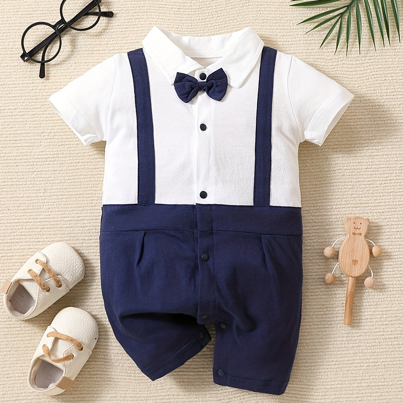 

Adorable Baby Boy's Cotton Romper With Bowtie Lapel Collar - Perfect For Newborn's Party Jumpsuit!