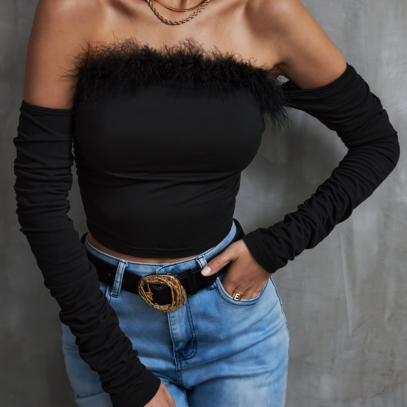 Faux Fur Trim Off-shoulder Top, Stylish Long Sleeve Cropped Top For Summer, Women's Clothing
