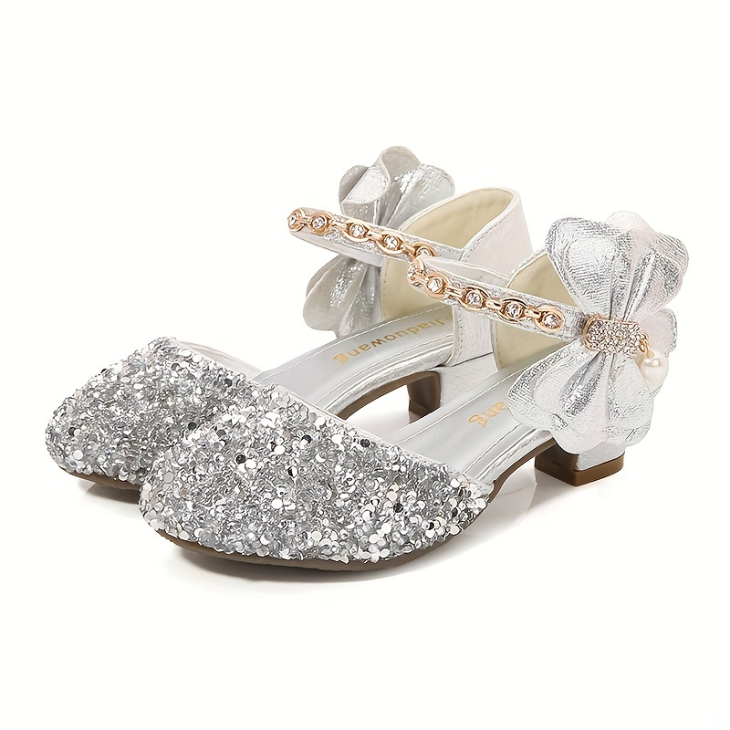 Girls Sequins And Bow Knot Princess Shoes Low Heel Sandals Performance Dance Shoes Spring And Summer