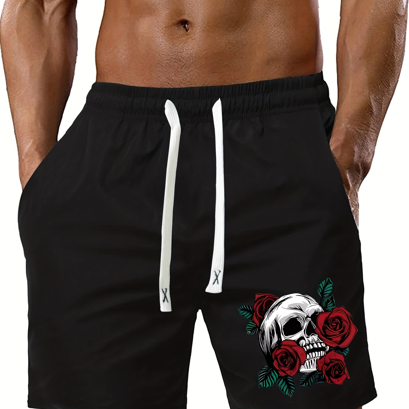 

Skull And Rose Print, Men's Activewear, Breathable Comfy Drawstring Shorts