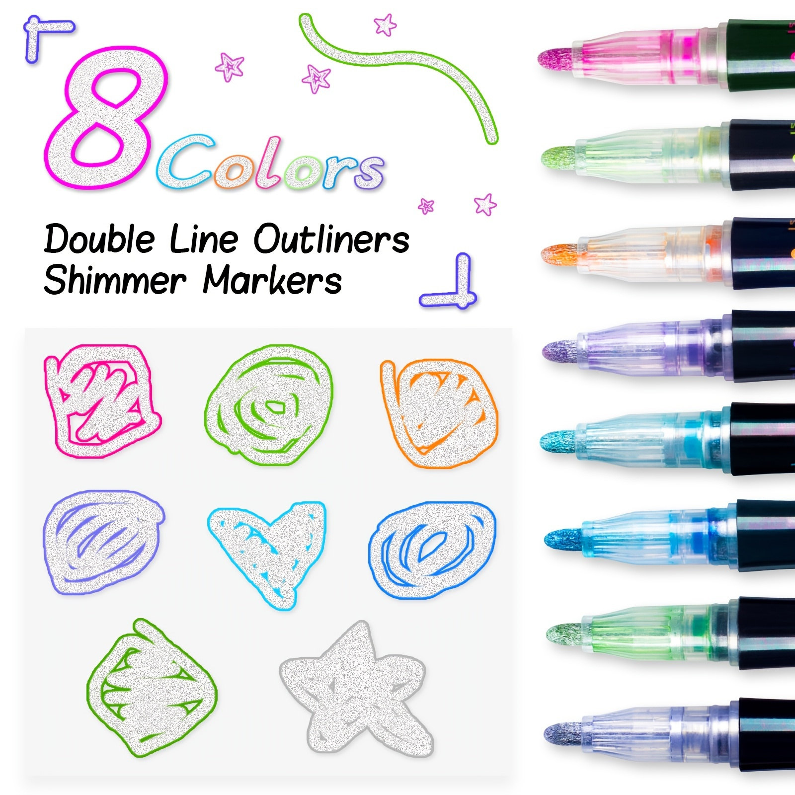  Shimmer Markers Outline Double Line: 12 Colors Metallic  Glitter Pens Set Super Squiggles Sparkle Kid Age 4 8 10 Gift Self Doodle  Drawing Supplies Art Craft Cute Teen Girl Dazzlers