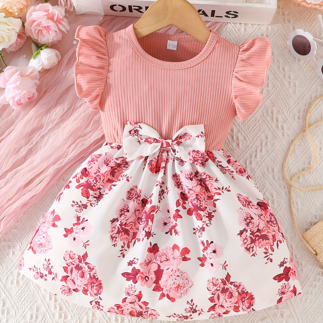 

Baby Girls Ruffle Sleeveless Ruffle Trim Knit Bow Floral Print Dress For Summer