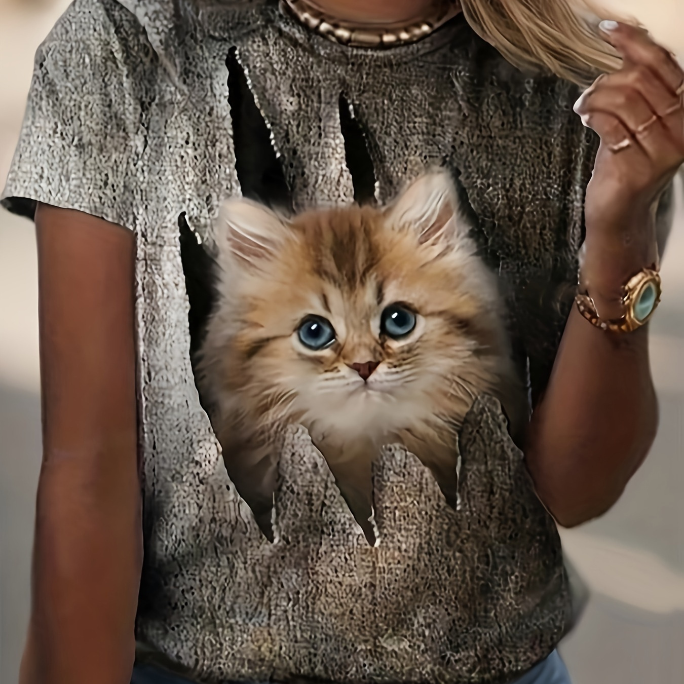 

Cat Print Crew Neck T-shirt, Casual Short Sleeve Top For Spring & Summer, Women's Clothing