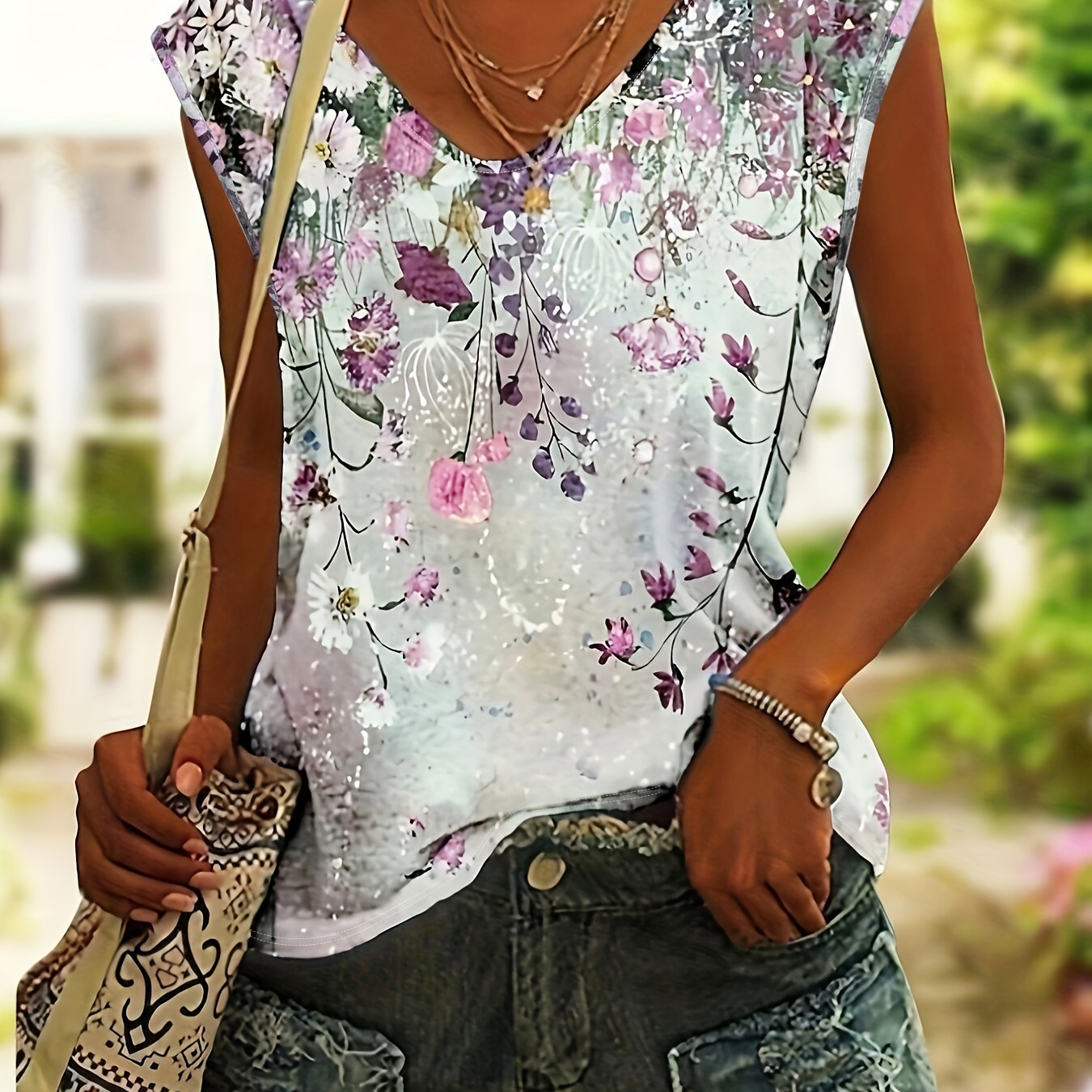 

Floral Print V Neck T-shirt, Casual Cap Sleeve T-shirt For Spring & Summer, Women's Clothing