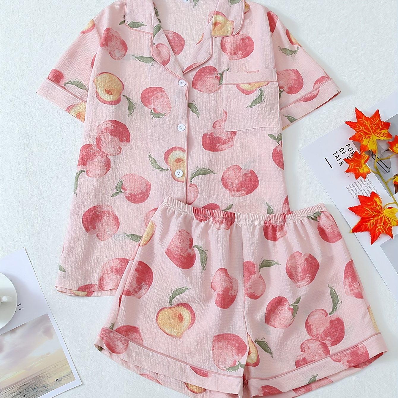 

Women's Peach Print Cute Textured Pajama Set, Short Sleeve Buttons Lapel Top & Shorts, Comfortable Relaxed Fit