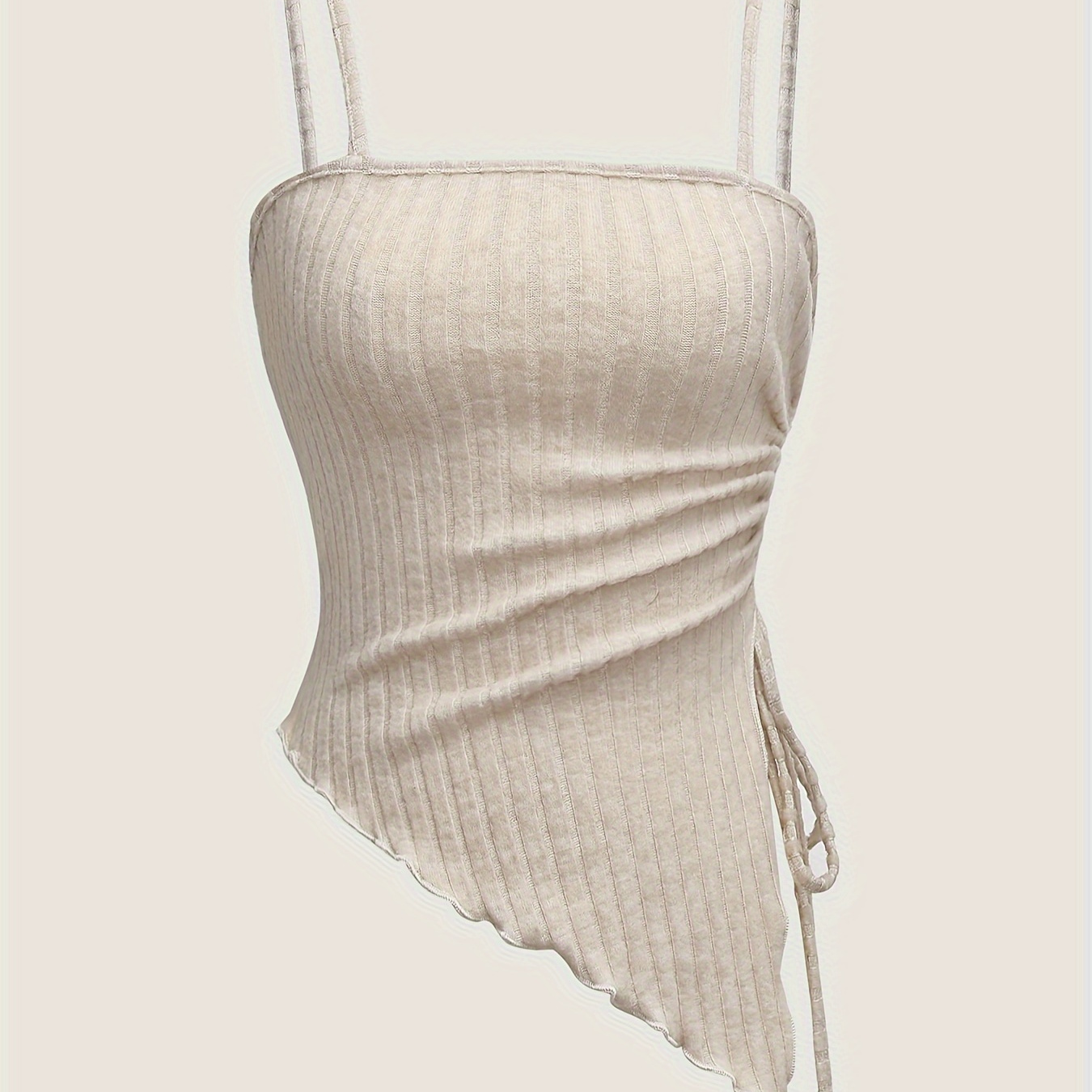 

Ribbed Spaghetti Strap Top, Elegant Sleeveless Asymmetrical Hem Cami Top For Spring & Summer, Women's Clothing