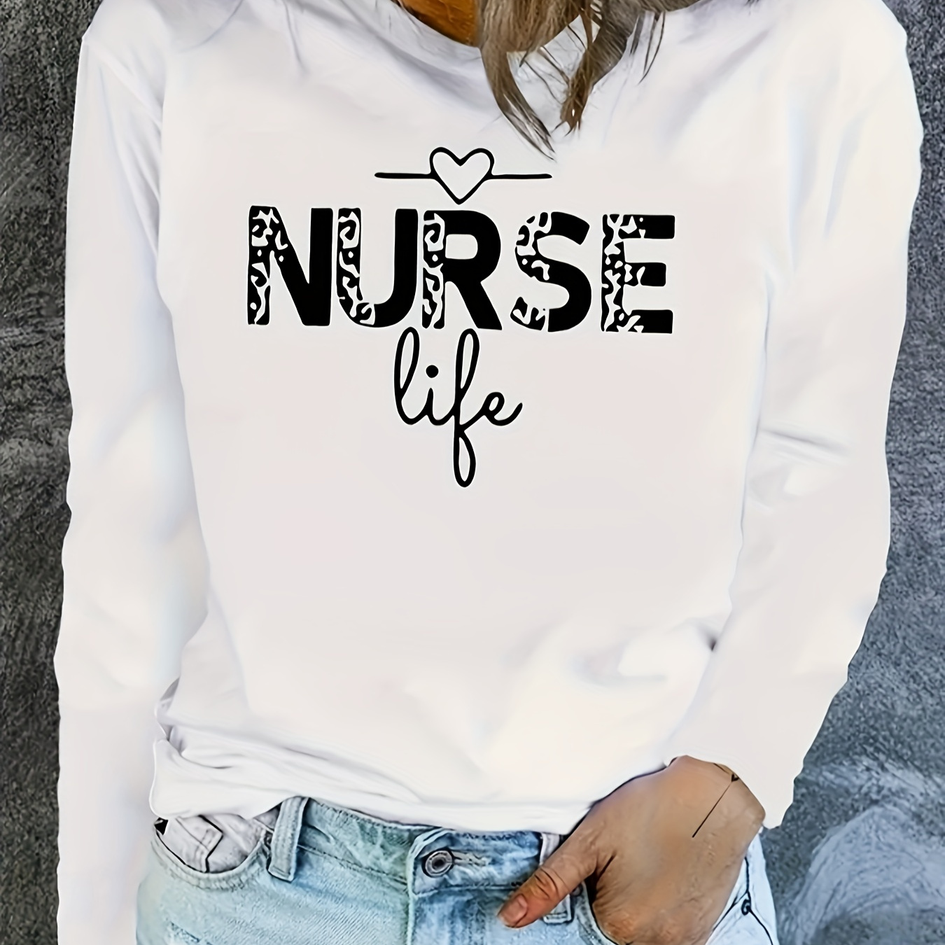 

Nurse Soft T-shirt, Casual Long Sleeve Crew Neck Spring & Fall T-shirt, Women's Clothing