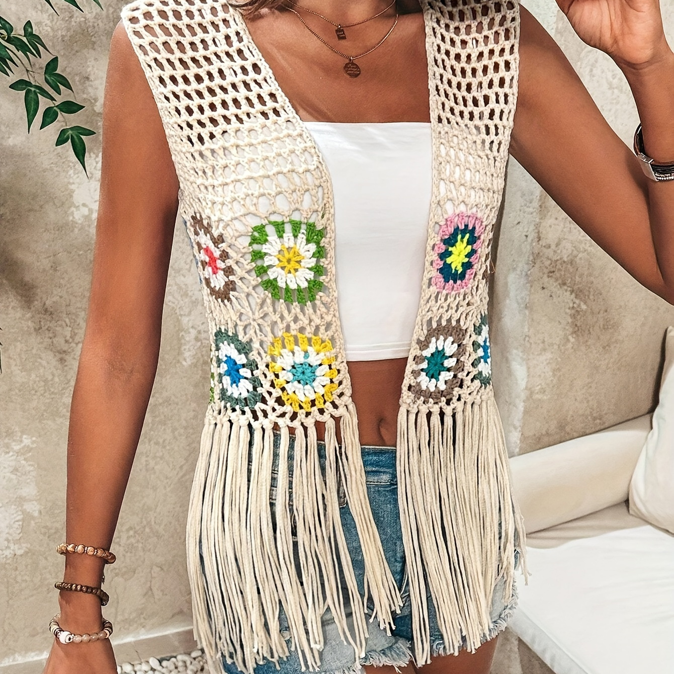 

Floral Pattern Tassel Trim Cardigan, Vacation Style Sleeveless Open Front Cardigan For Spring & Summer, Women's Clothing