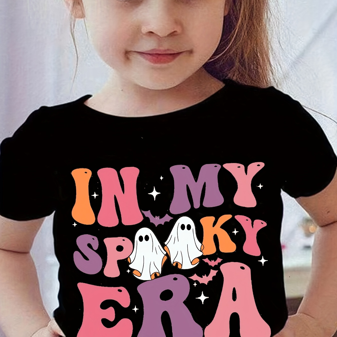 

In My Spooky Era & Cartoon Graphic Print Tee, Girls Comfy & Trendy T-shirt For Spring & Summer, Girls Clothes For Outdoors &