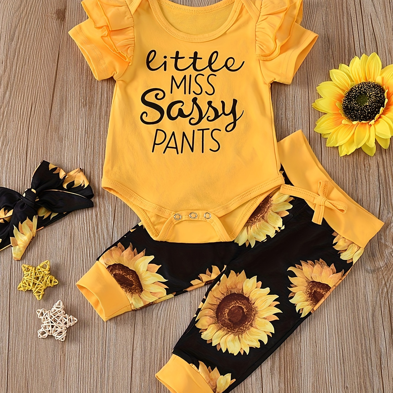 

Infant Children's Clothing Baby Girls' Cotton Outfit, Little Miss Sassy Pants Print Short Sleeve Ruffle Trim Onesie & Sunflowers Pattern Print Sweatpants & Headband 3pcs/set
