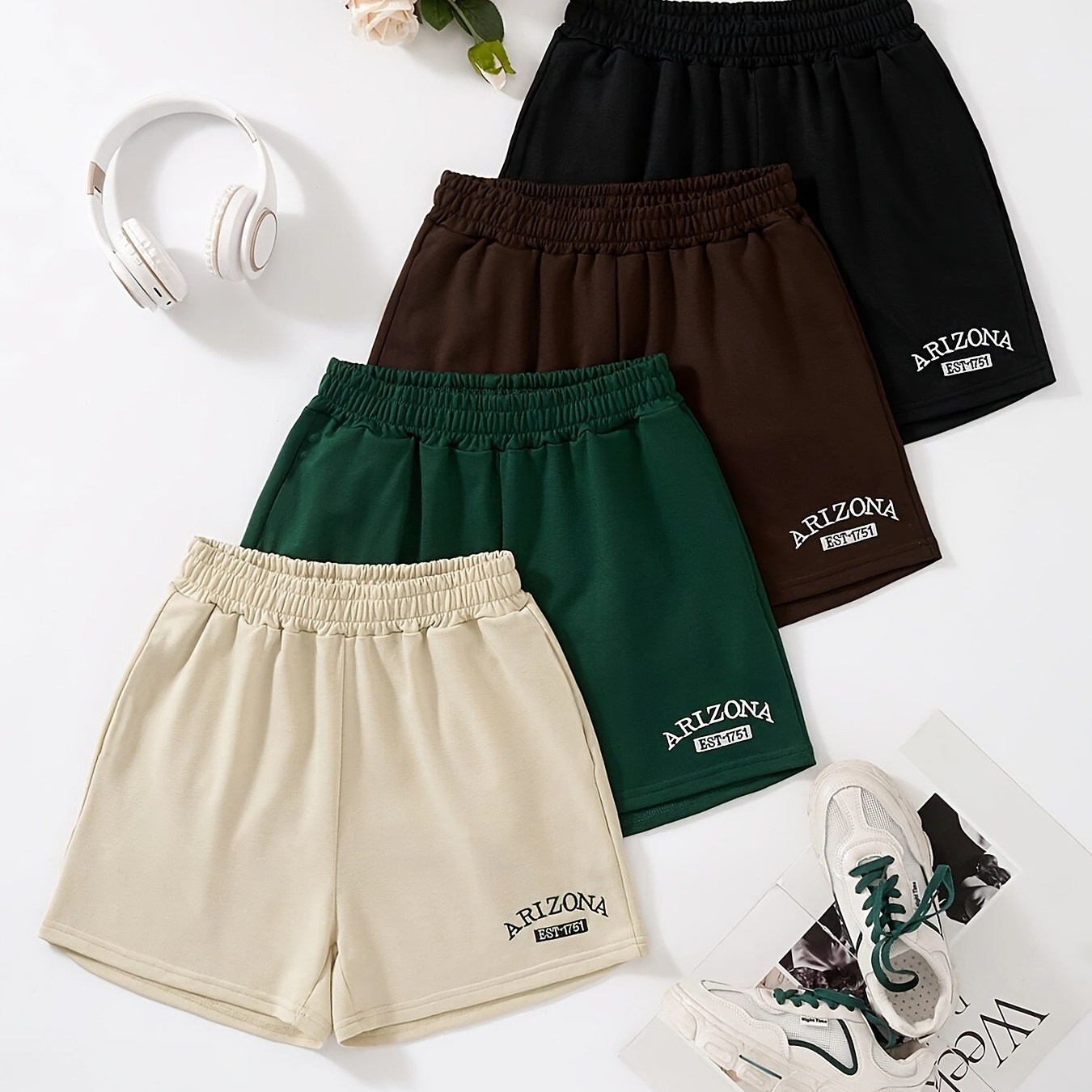 

4pcs Ezwear Arizona Waist Track Shorts - Breathable Polyester, Machine Washable, No-see-through - All - Black, Olive Green, , Brown