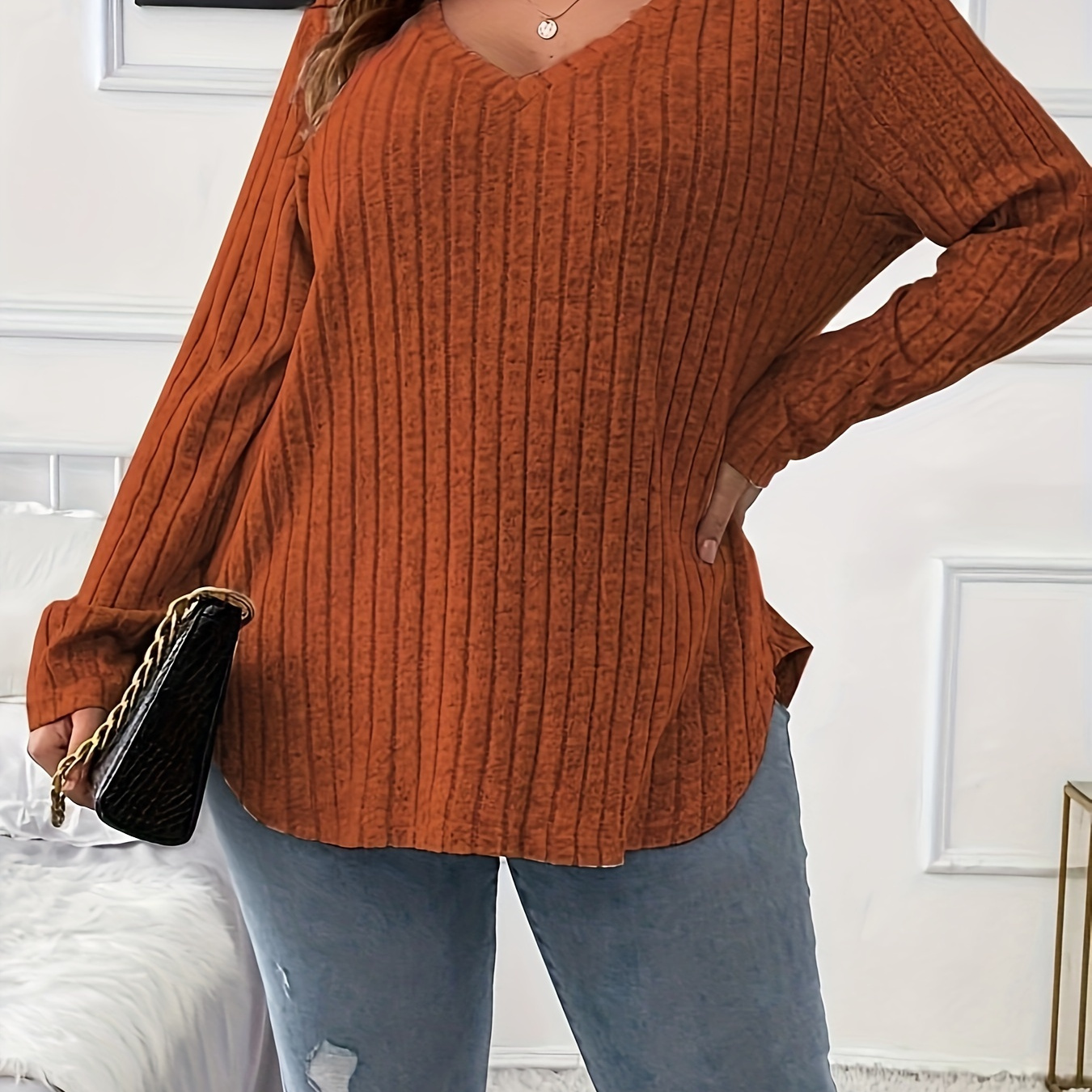 

Plus Size Casual Top, Women's Plus Solid Ribbed Long Sleeve V Neck Medium Stretch Top