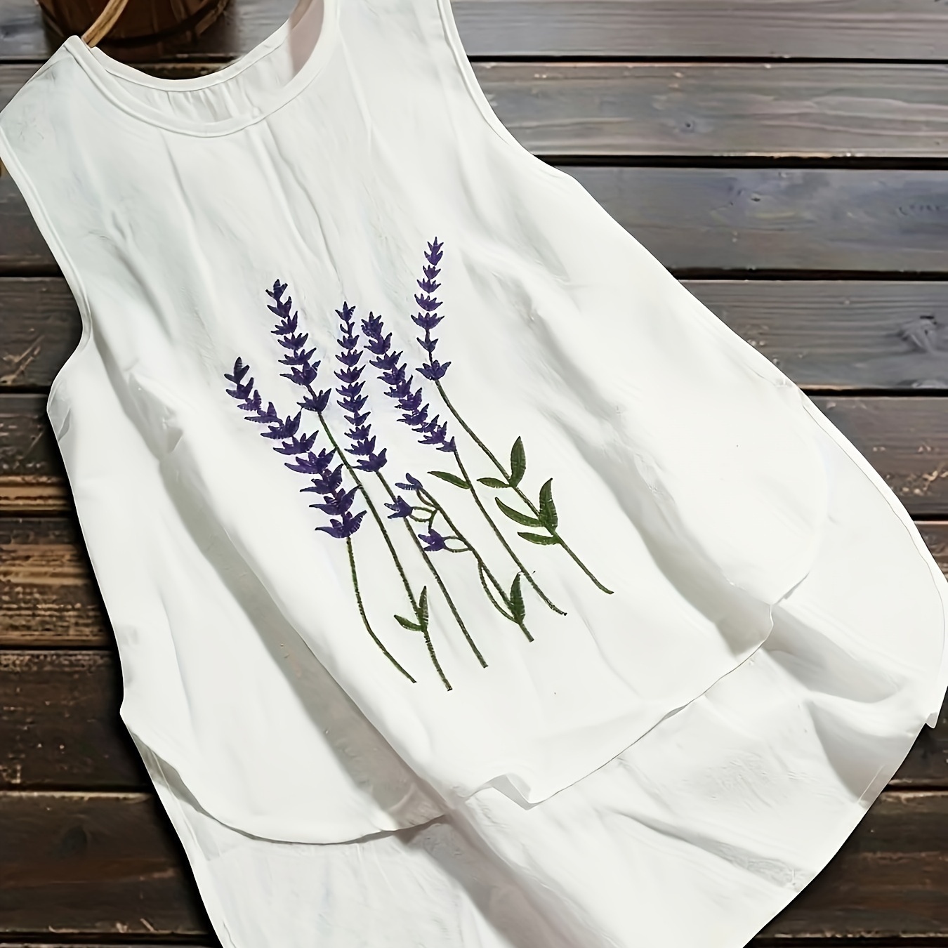 

Floral Embroidered High Low Hem Tank Top, Casual Crew Neck Sleeveless Tank Top For Summer, Women's Clothing