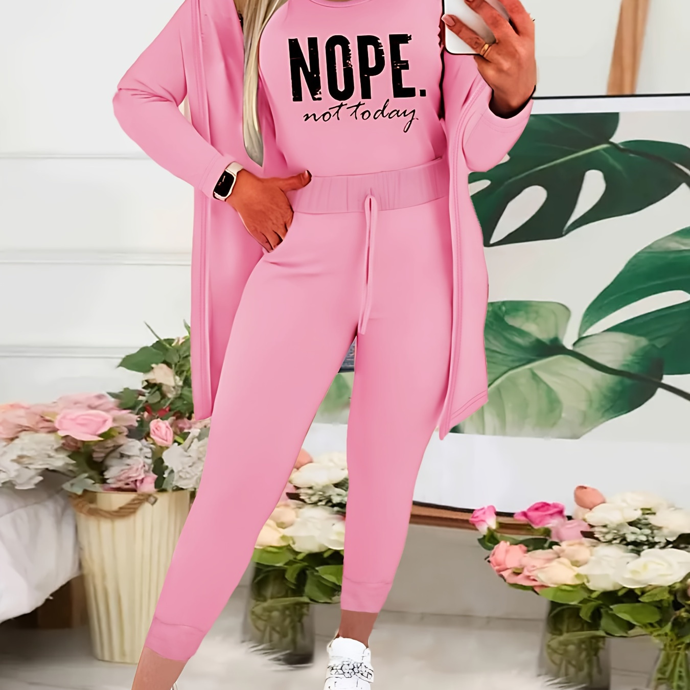 

Casual Spring & Fall Three-piece Set, Nope Not Today Print Tank Top & Open Front Long Sleeve Outerwear & Tie Waist Pants Outfits, Women's Clothing