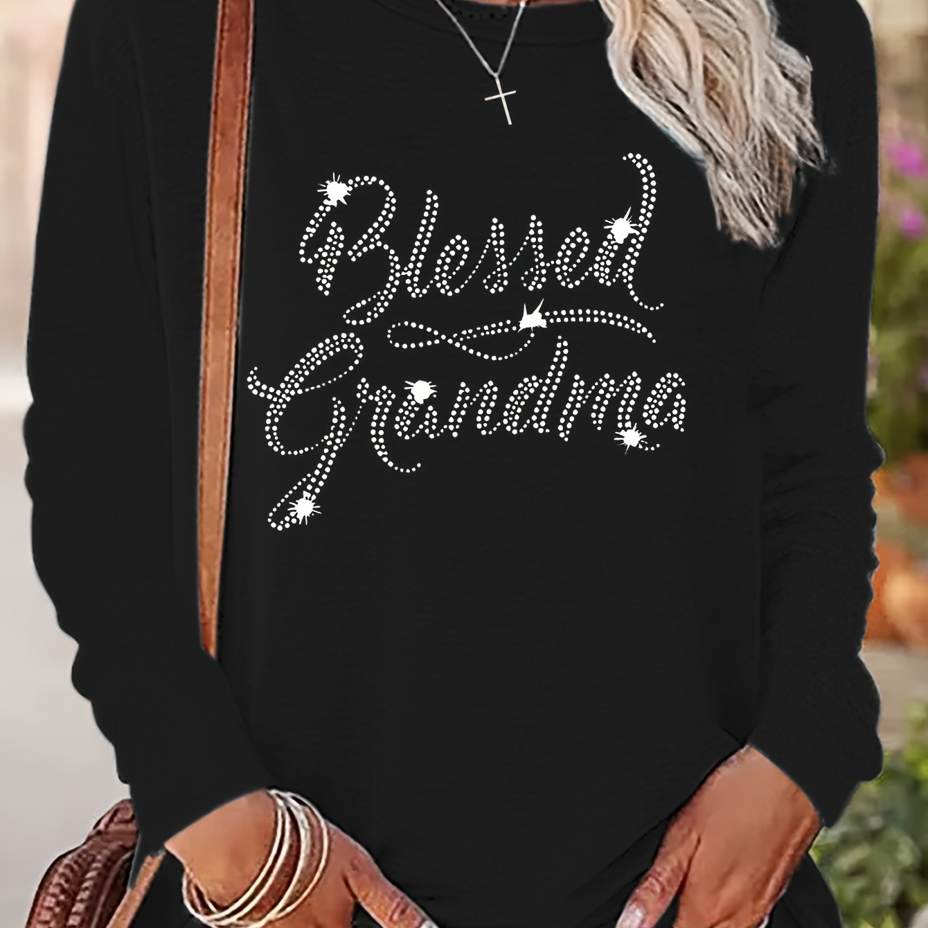 

Blessed Grandma Applique Long Sleeve T-shirt - Casual Crew Neck Polyester Knit Top For Fall