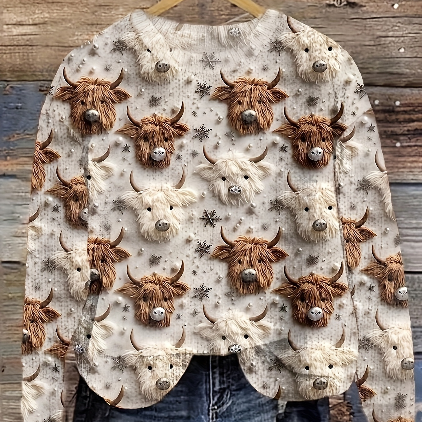 

Chic 3d Cow & Sheep Print Knit Sweater - , Polyester, Hand Wash/, Round Neck, Women'