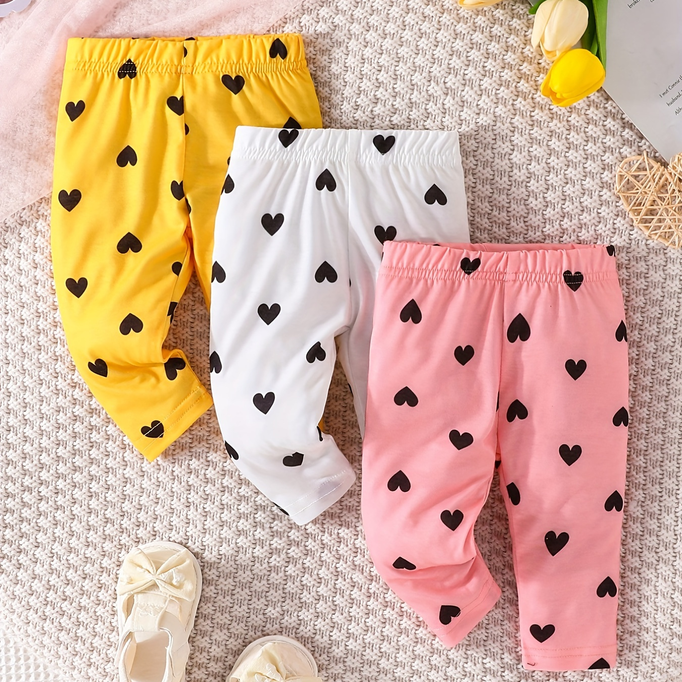 

Toddler Baby Girls Cute Heart Print Pants Set, Comfy Casual Trousers