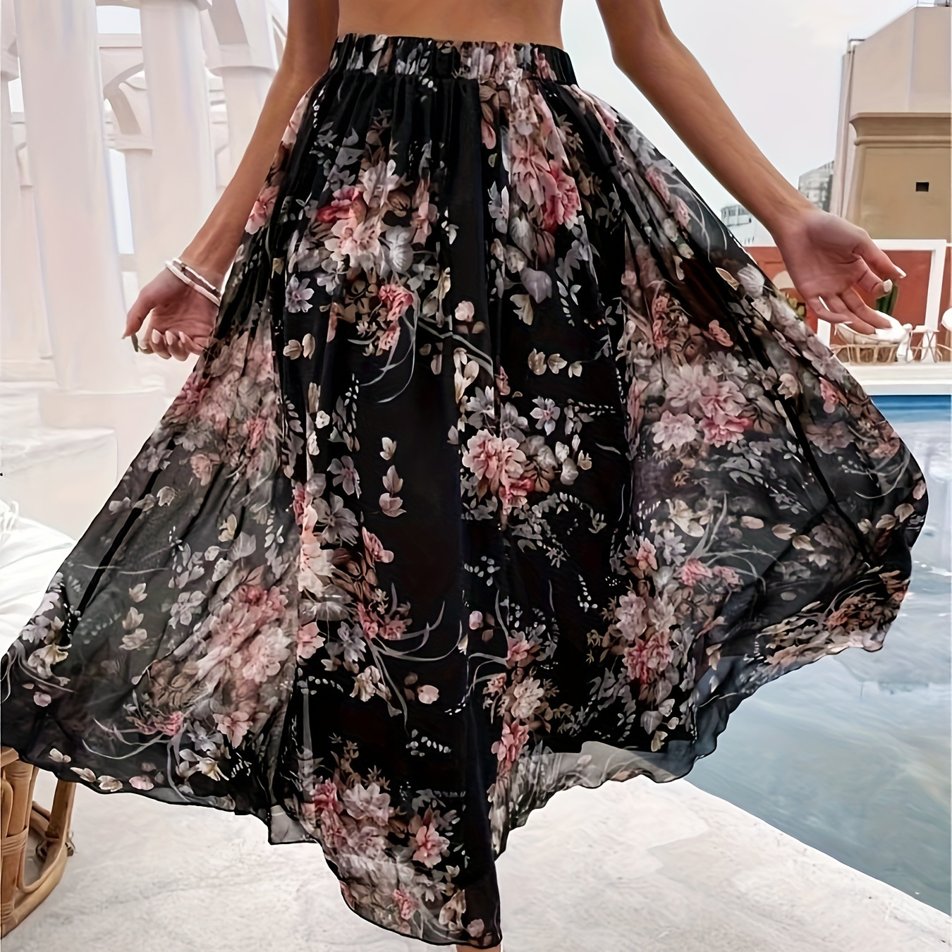 

Floral Print Elastic Waist Skirt, Casual A-line Skirt For Spring & Summer, Women's Clothing