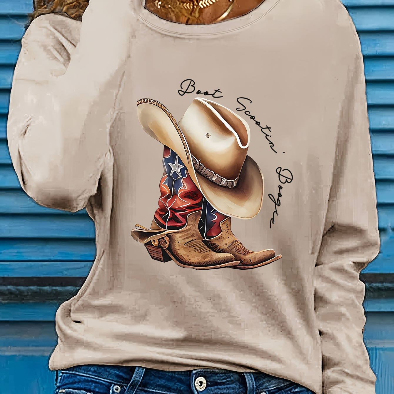 

Cowboy Hat Graphic Long Sleeve T-shirt For Women - Casual Crew Neck, Machine Washable, Polyester - Spring & Fall