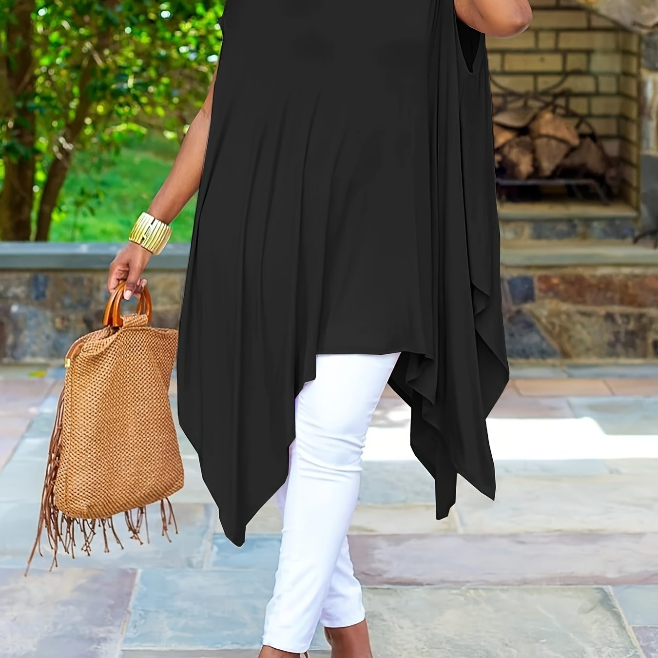 

Plus Size Solid Asymmetrical Hem Loose Dress, Vacation Style Batwing Sleeve Crew Neck Dress For Spring & Summer, Women's Plus Size Clothing