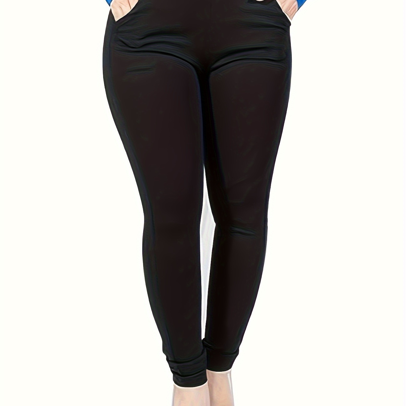 

Plus Size Solid Pocket Skinny Leggings, Casual High Waist Stretchy Leggings For Spring & Summer, Women's Plus Size Clothing