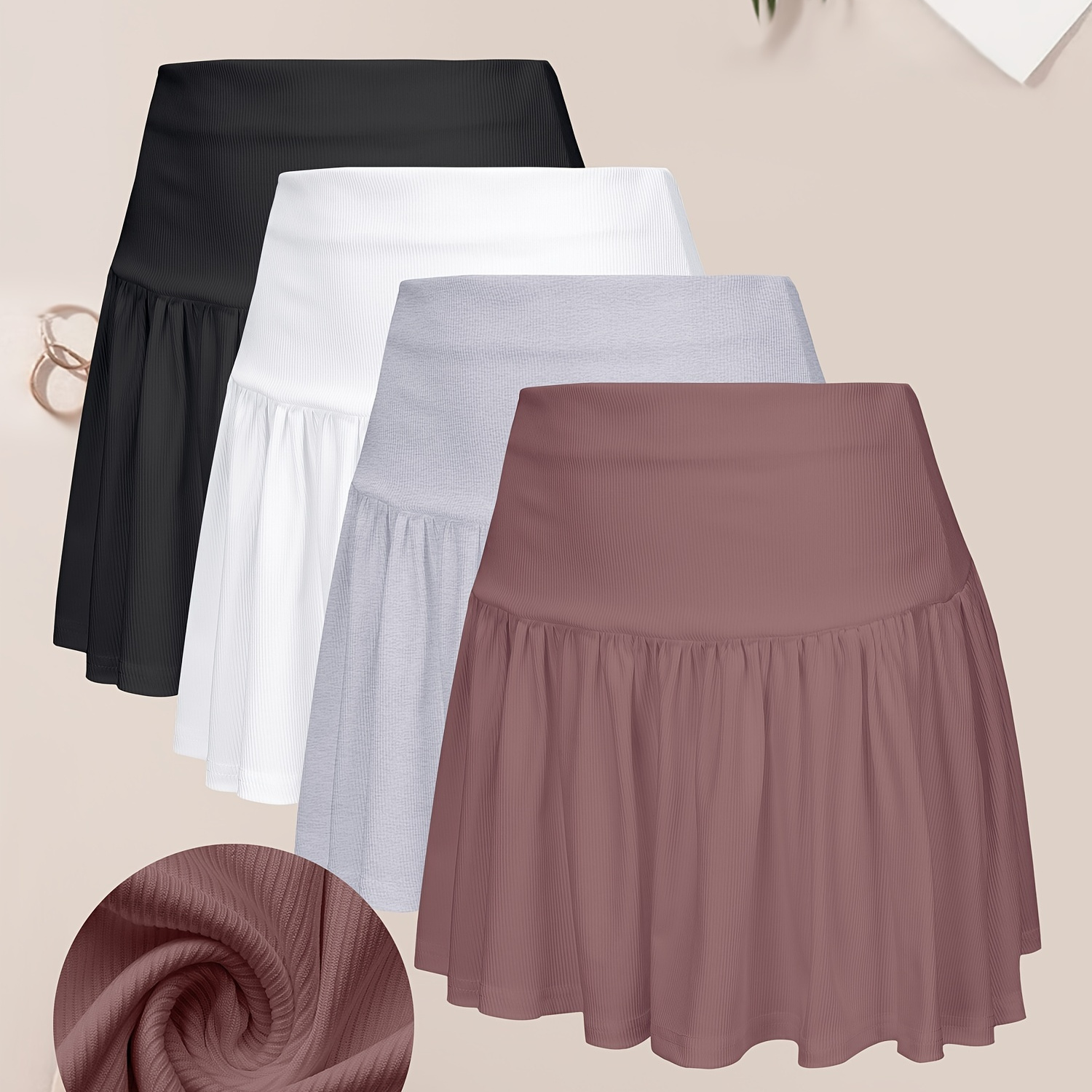 

4 Pack Solid Color Skirt, Casual High Waist Ruched Skirt For Summer & Spring, Women's Clothing