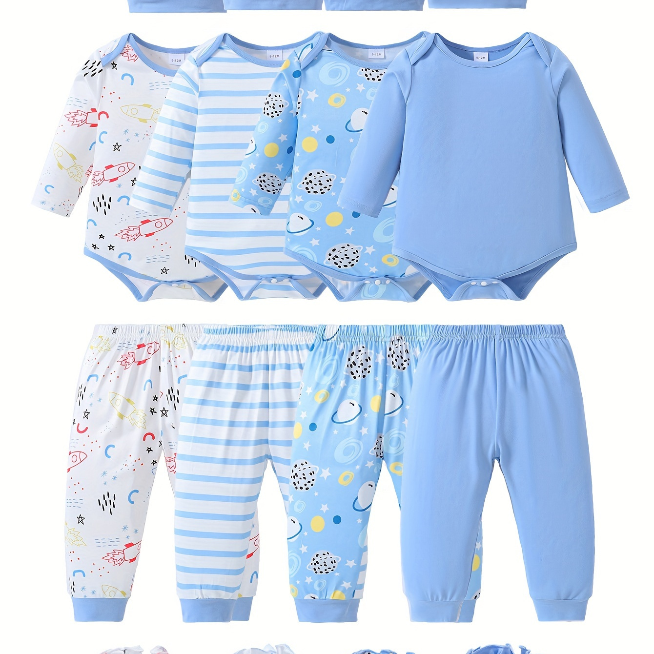 

4sets/pack, Baby Boys Casual Solid Color & Spaceship & Striped Assorted Print Long Sleeve Romper + Pants + Hat + Gloves Set