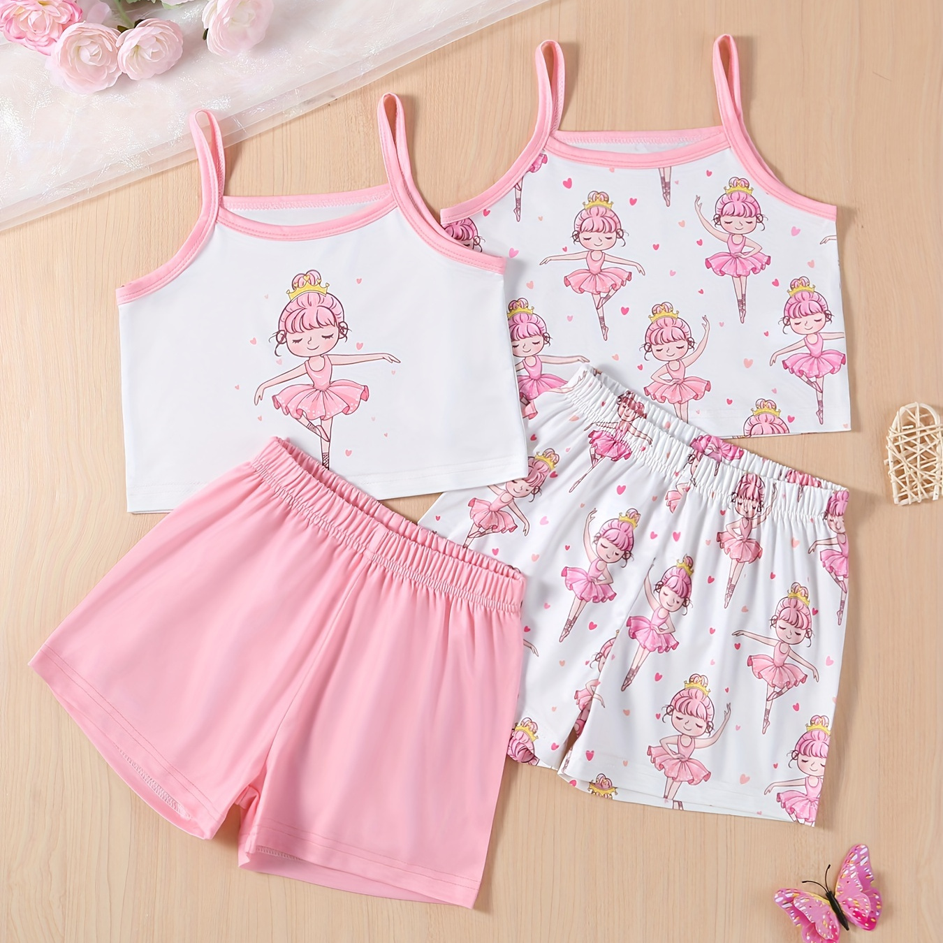 

4 Pcs Girls Cute Pajama Sets, Cute Cartoon Girl Print Camisoles & Shorts, Comfortable & Cute Style Princess Pajamas For Girls Cozy Loungewear