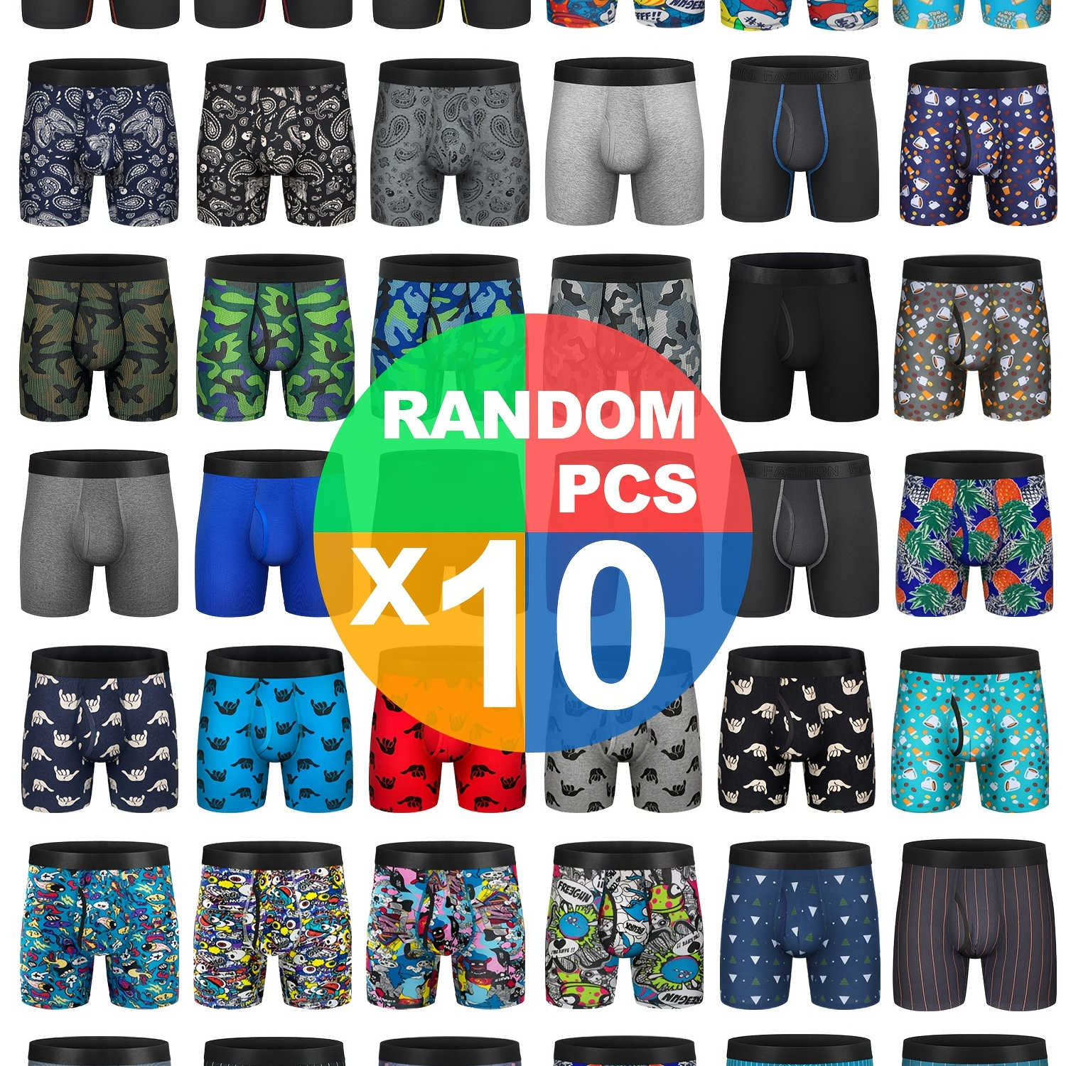 

10pcs Men's Cotton Boxer Briefs - Assorted Patterns (floral, Camo, Striped), No-ride Fit, Breathable & Quick-dry, Machine Washable Underwear