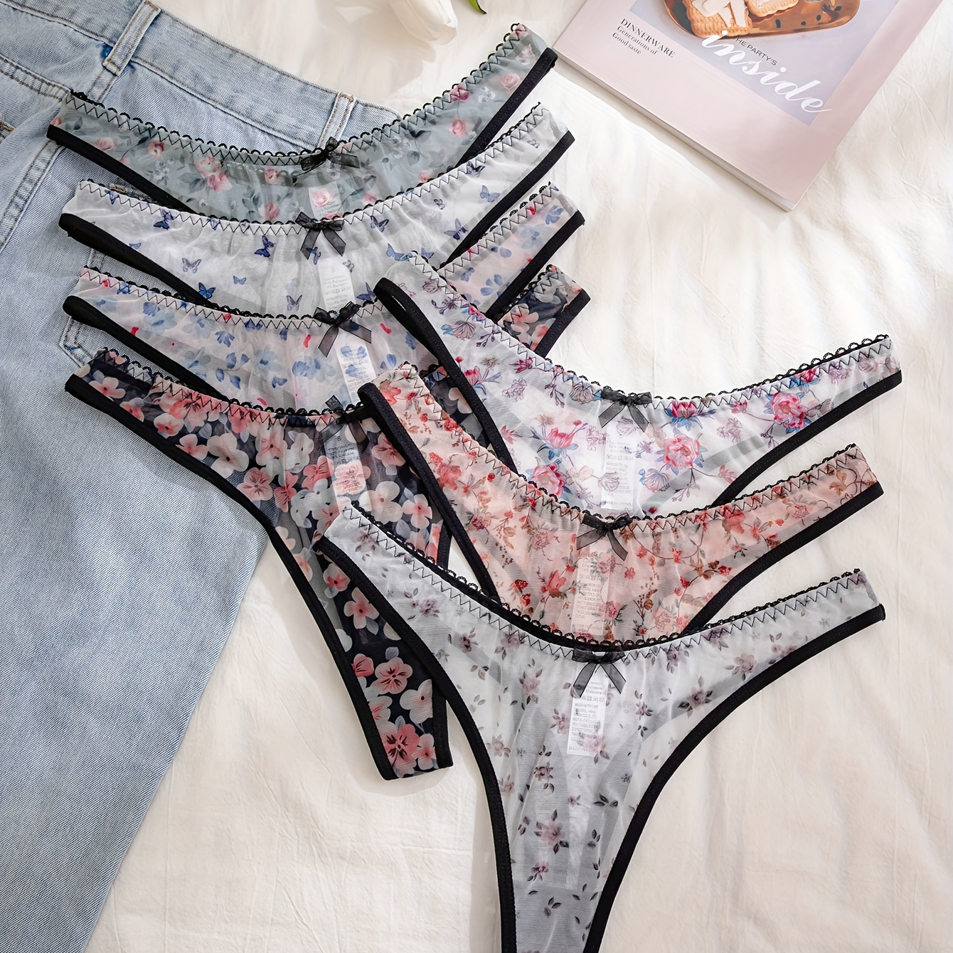 

7pcs Elegant Floral Print Bowknot Briefs For Women - Breathable, Fit Panties With Lace Trim