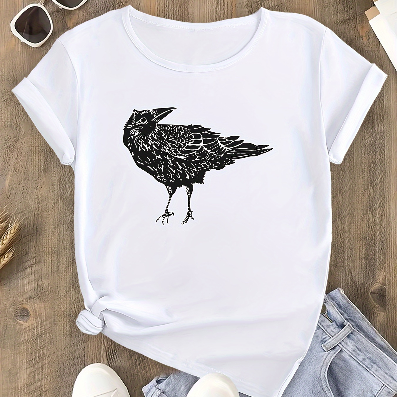 

Crow Silhouette Graphic Print, Plus Size, Women's Short Sleeve Round Neck T-shirt, Leisure Wear, Loose Fit