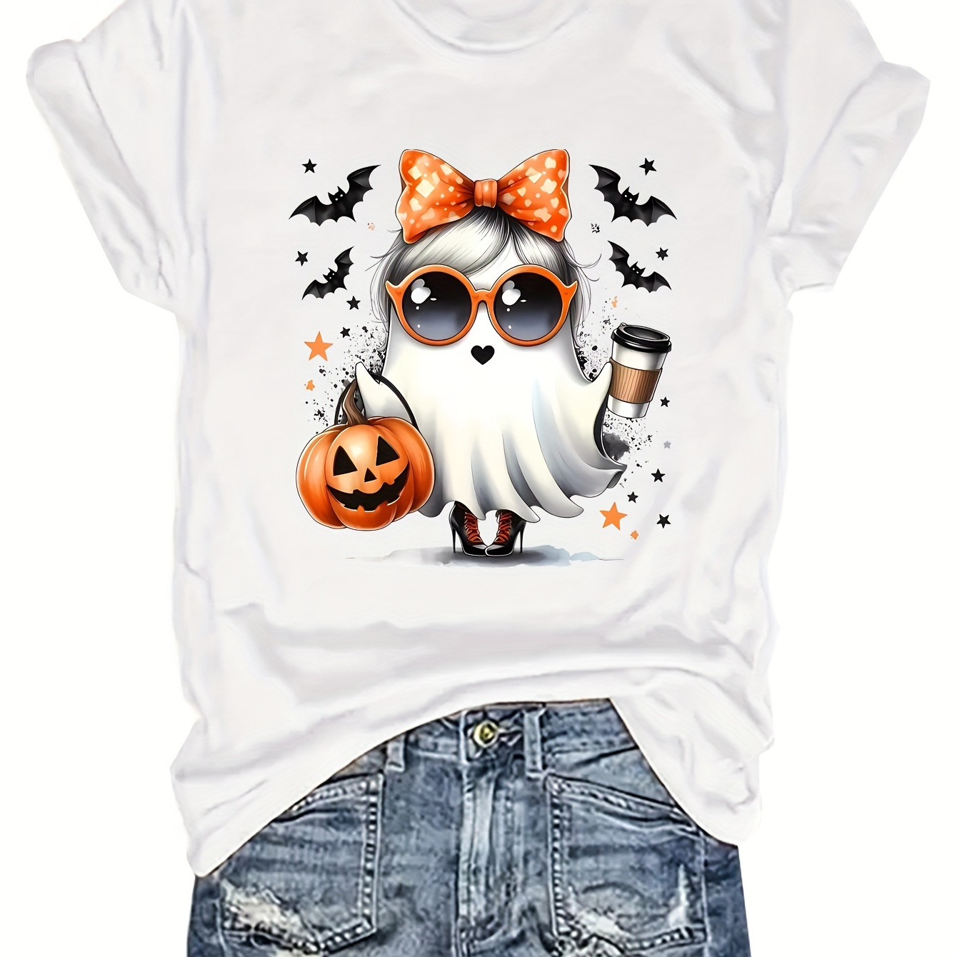

& Pumpkins Print T-shirt, Casual Crew Neck Short Sleeve T-shirt For Spring & Summer, Women's Clothing