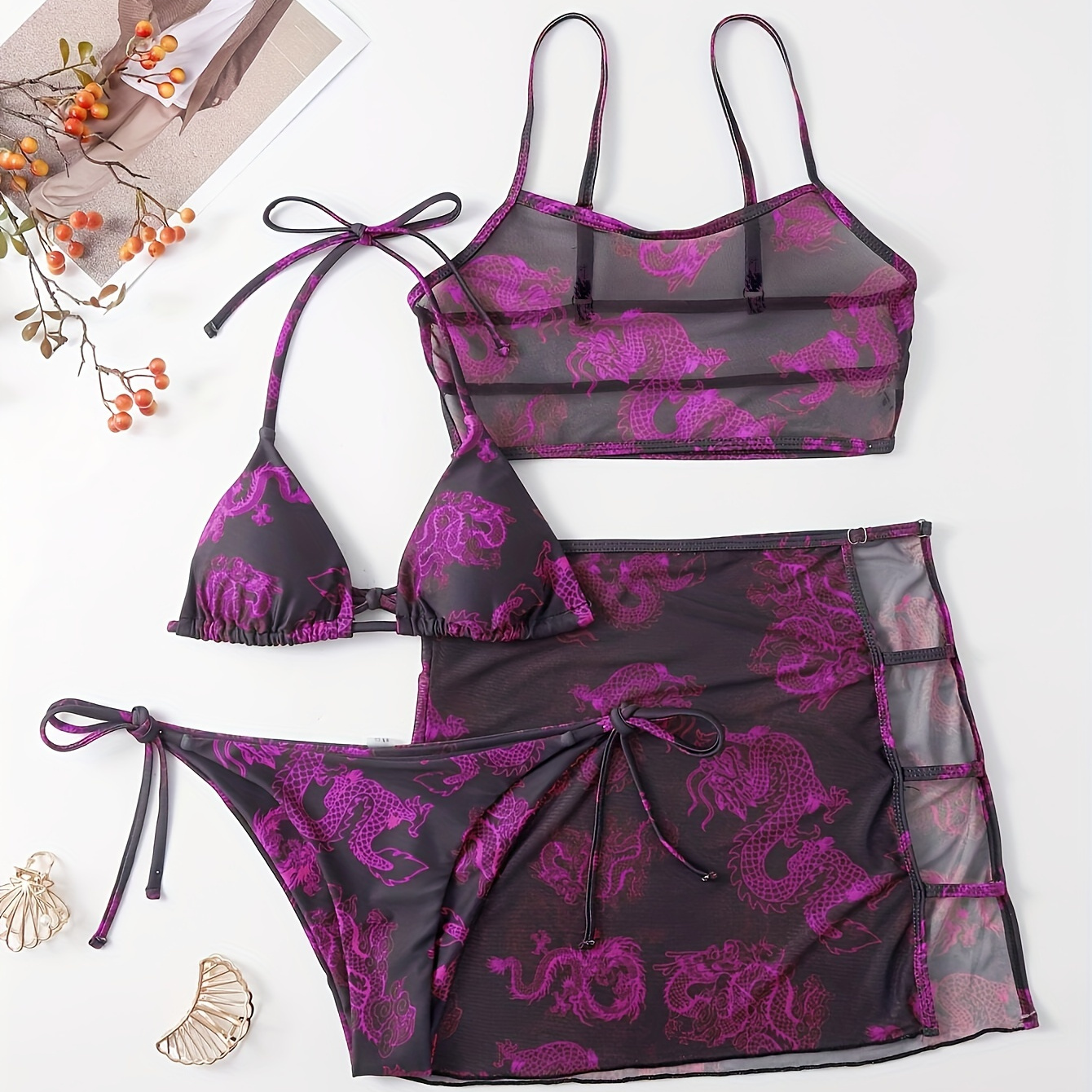 

Dragon Print Sheer Mesh 4-piece Bikini Set With Skirt, Halter Neck Bra & Tie Side High Cut Panty With Cover Up Top & Skirt Swimsuit