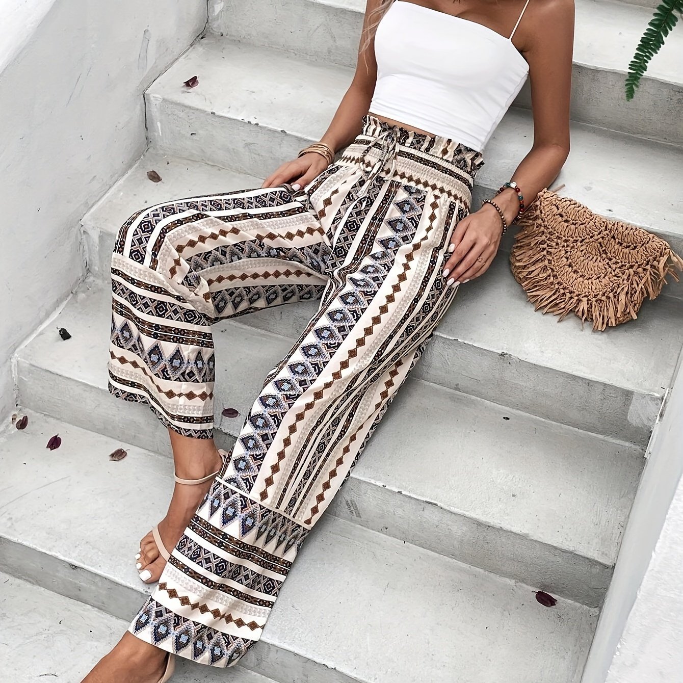 

Tropical Print Wide Leg Pants, Elegant Drawstring Waist Loose Pants For Spring & Summer, Women's Clothing